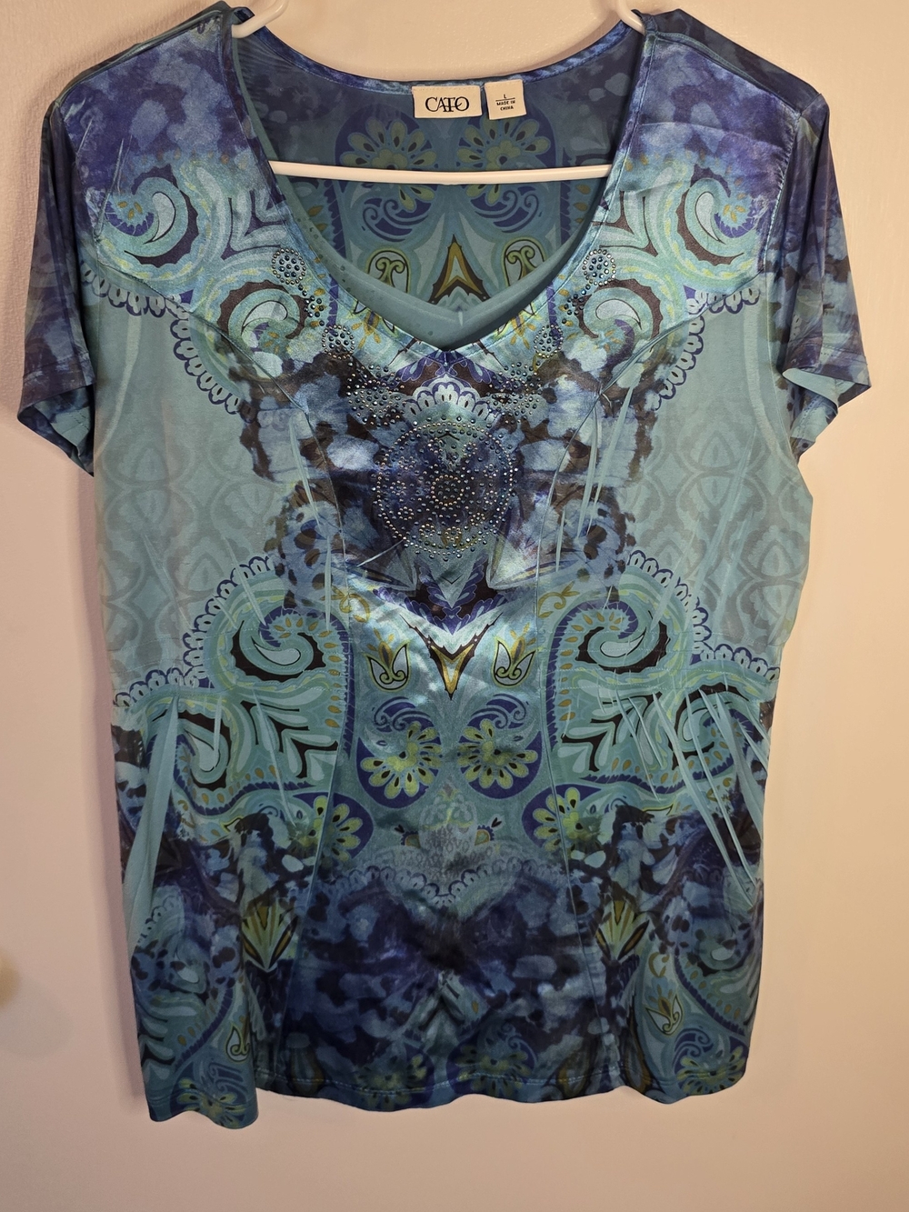 Cato Blue Paisley Mandala Embellished V-Neck Layered Look Top Tee Size L